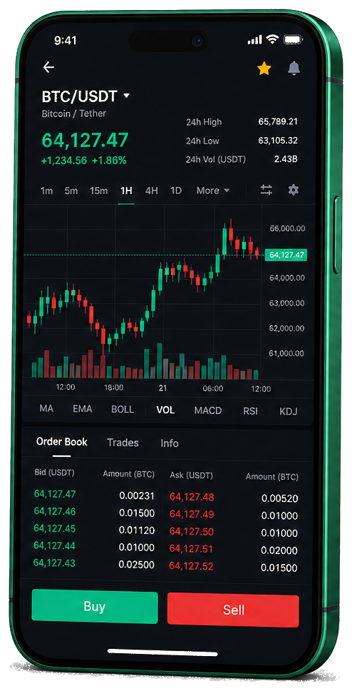 NordVexa Capital mobil handelsplatform – live BTC/USDT diagram, ordrebog og køb/salg interface